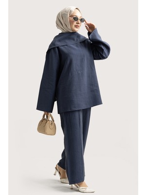 Suede Style 6350 - Şık Rahat Modal Yumuşak Dokuma Kumaş Yaka Detaylı Salaş Kadın Takımı
