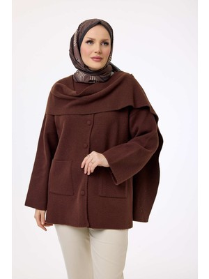Suede Style 44165 - Şık Rahat Şal Aksesuarlı Düğmeli Keçe Kadın Triko Uzun Hırka