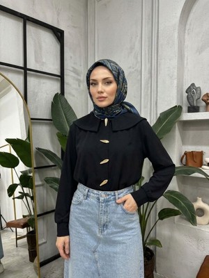 Miostil Şal Yaka Patlı Tunik-Siyah