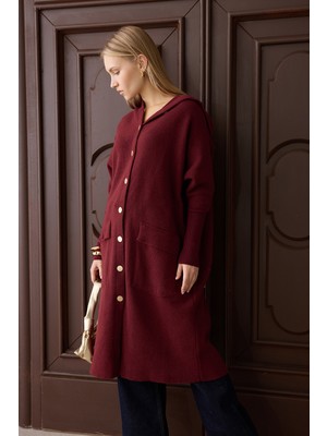Suede Style 80153 - Şık Rahat Gold Düğmeli Keçe Kadın Triko Uzun Hırka
