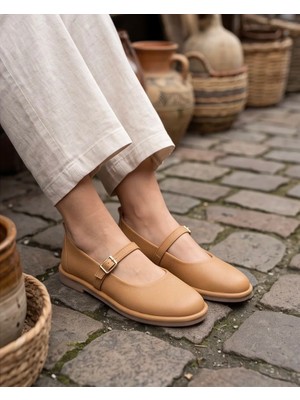 Futsi Shoes Sora Açık Taba Hakiki Deri Rahat Kalıp Mary Jane Tokalı Kadın Babet