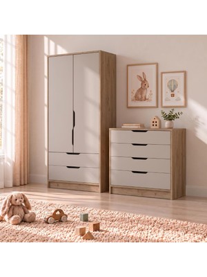 Bimossa TK2220 Winnie 2 Kapaklı Gardırop ve 4 Çekmeceli Şifonyer Takımı Sepet-Kumtaşı, Çocuk Odası Takımı