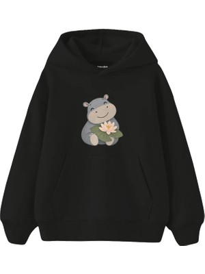 The Lucid Lab Hippo Smiling With A Water Lily Çocuk Hoodie