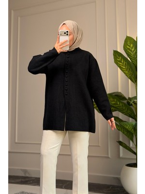Suede Style 44378 - Şık Rahat Keçe-Polyester Düğmeli Kadın Triko Uzun Hırka