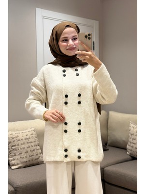 Suede Style 51231 - Şık Rahat Keçe-Polyester Düğmeli Detaylı Kadın Triko Uzun Hırka