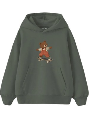 The Lucid Lab Bear Skateboarding In Rust Striped Overalls Çocuk Hoodie
