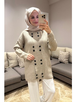 Suede Style 51231 - Şık Rahat Keçe-Polyester Düğmeli Detaylı Kadın Triko Uzun Hırka