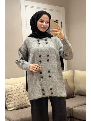 Suede Style 51231 - Şık Rahat Keçe-Polyester Düğmeli Detaylı Kadın Triko Uzun Hırka