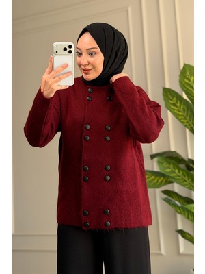 Suede Style 51231 - Şık Rahat Keçe-Polyester Düğmeli Detaylı Kadın Triko Uzun Hırka