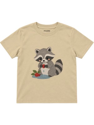 The Lucid Lab Raccoon Washing A Berry Çocuk Tişört - Krem