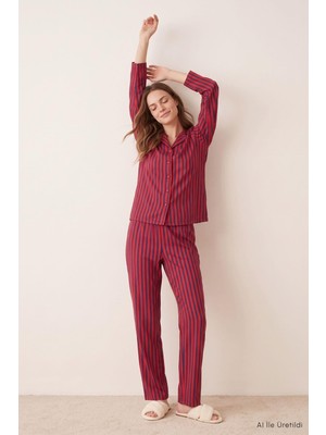 Rays Çizgili Düğmeli Pijama Takımı 5601 Bordo