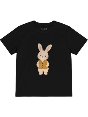 The Lucid Lab Rabbit In A Mustard Knitted Vest Çocuk Tişört - Siyah