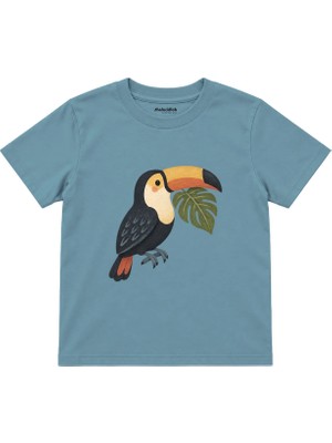 The Lucid Lab Toucan With A Green Leaf Çocuk Tişört - Çelik Mavi
