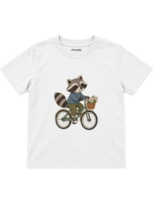 The Lucid Lab Raccoon Riding A Bicycle With Tiny Basket Çocuk Tişört - Beyaz