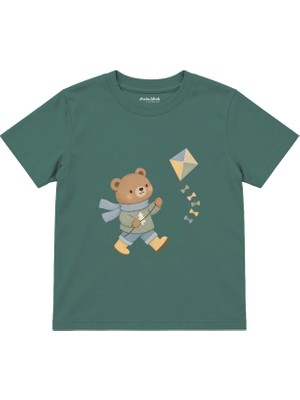 The Lucid Lab Bear Flying A Kite Çocuk Tişört - Yeşil