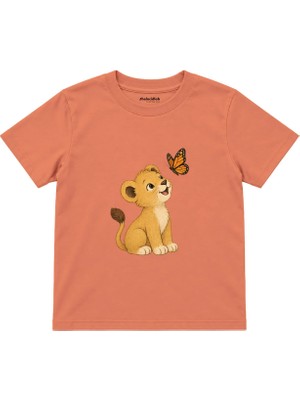 The Lucid Lab Lion Cub And Butterfly Çocuk Tişört - Somon
