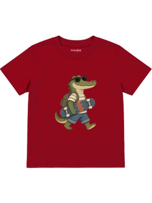 The Lucid Lab Crocodile Carrying A Skateboard Wearing Sunglasses Çocuk Tişört - Kırmızı