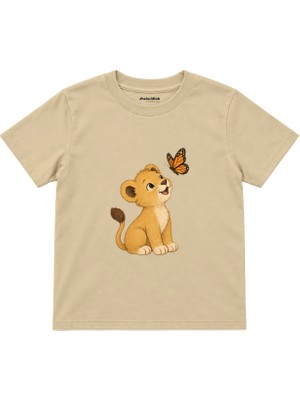 The Lucid Lab Lion Cub And Butterfly Çocuk Tişört - Krem