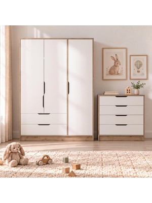 Bimossa TK3210 Winnie 3 Kapaklı Gardırop ve 4 Çekmeceli Şifonyer Takımı Sepet-Beyaz, Çocuk Odası Takımı