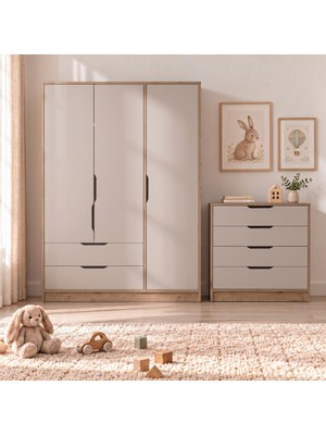Bimossa TK3220 Winnie 3 Kapaklı Gardırop ve 4 Çekmeceli Şifonyer Takımı Sepet-Kumtaşı, Çocuk Odası Takımı