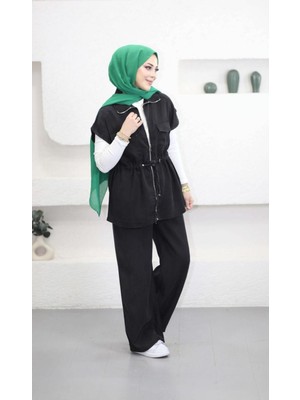 Suede Style 6109 - Rahat Salaş Ince Denim Kumaş Bel Büzgü Detaylı Kadın Uzun Yelek Pantolon Takımı