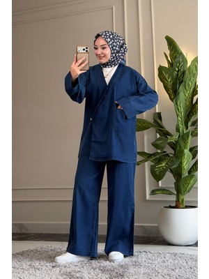 Suede Style 5962 - Şık Rahat Ince Yumuşak Kot Kumaş Kadın Pantolon Tunik Takımı