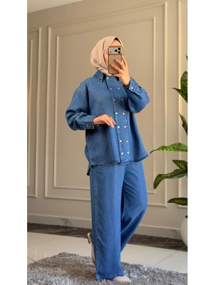 Suede Style 6295 - Rahat Salaş Ince Kadın Kot Gömlek Pantolon Takımı