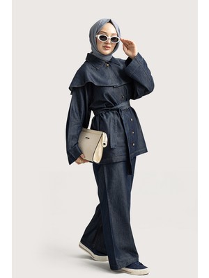 Suede Style 6456 - Şık Rahat Ince Yumuşak Kot Kumaş Bel Bağlamalı Kadın Pantolon Tunik Takımı