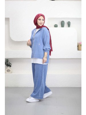 Suede Style 5869 - Şık Rahat Ince Kot Kumaş Kadın Yumuşak Pantolon Kapüşonlu Ceket Takımı