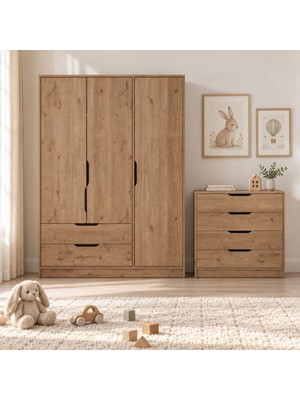 Bimossa TK3250 Winnie 3 Kapaklı Gardırop ve 4 Çekmeceli Şifonyer Takımı Sepet, Çocuk Odası Takımı
