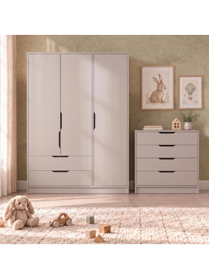 Bimossa TK3230 Winnie 3 Kapaklı Gardırop ve 4 Çekmeceli Şifonyer Takımı Kumtaşı, Çocuk Odası Takımı