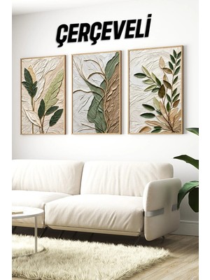 KutuTR Çerçeveli 3’lü Mdf Uv Baskılı Yaprak Desenli Dekoratif Duvar Tablosu Seti CRV1503