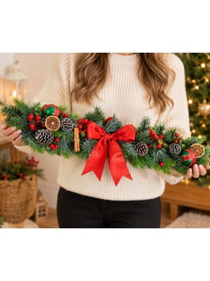Ecrella Yılbaşı Çam Dalı Garland Süsleme  Kırmızı Fiyonklu Kozalaklı Portakallı Tarçınlı Dekoratif Masa Süsü 70 cm