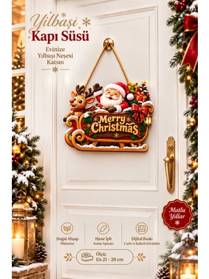 Pairla 28-21 cm Kızaklı Noel Babalı Yıldızlı Ahşap Noel Kapı Süsü Yılbaşı Mazemeleri Yılbaşı Ağacı Süsü Yılbaşı Süsü 2027