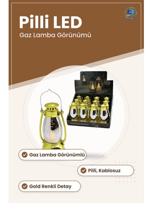 Gece Lambası Pilli LED Fener Ramazan Gaz Lamba Görünümlü Gold Plastik Masa Dekoratif Mekan Süsü