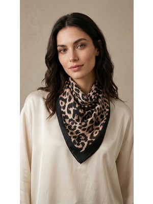 Beatis Mat Saten Leopar Desenli Bandana 50X50 cm Kadın Eşarp Fular Boyun Saç Çanta Bağlama Aksesuarı