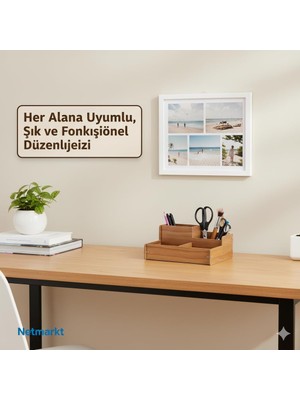 Wisipi Ahşap Masa Üstü Organizer, Kalem ve Makas Tutucu, Kahverengi Meşe, Ofis Masası Düzenleyici, Çok Bölmeli