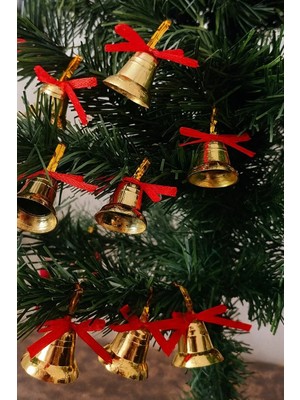 Ersert Ers 12 Adet Mini Çan Yılbaşı Çam Ağacı Süsü 3 cm Kırmızı Kurdeleli Gold Yılbaşı Çam Ağacı Süsü