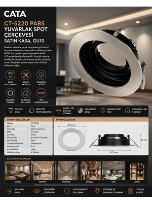Cata CT-5220 Pars Yuvarlak Spot Çerçevesi Satin Kasa GU10 Sıva Altı Dekoratif Spot Armatür
