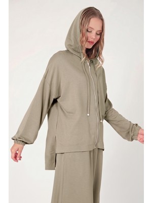 Suede Style 5804 - Şık Rahat Kapüşonlu Fermuarlı Pantolonlu Kadın Takım