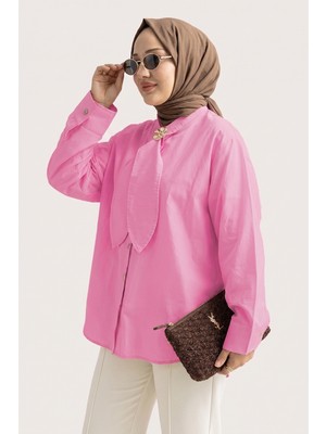 Suede Style 6408- Şık Rahat Kravat Detaylı Dokuma Poplin Kumaş Kadın Gömlek