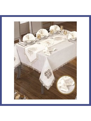 Canbia Lisa Linen Krem 26 Parça 12 Kişilik Premium 160 × 260 cm Masa Seti Kahy
