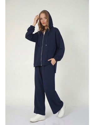 Suede Style 5804 - Şık Rahat Kapüşonlu Fermuarlı Pantolonlu Kadın Takım