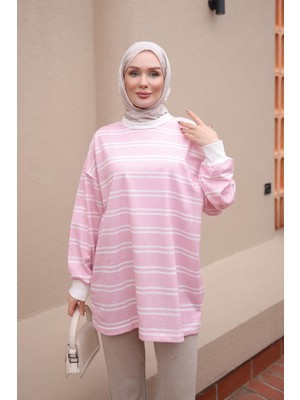 İmaj Butik Pembe Bisiklet Yaka Çizgili Sweatshirt