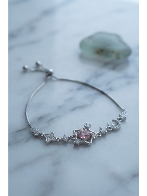 Sungur's Store Pembe Taşlı Yıldız Model Gümüş Renk Zirkon Taşlı Asansörlü Bileklik 5886-1492