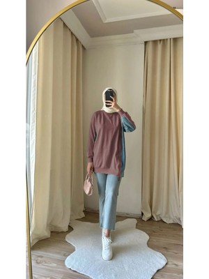 Suede Style 8777 - 2 Iplik Rahat, Salaş Yan Fermuarlı Kot Detaylı Kadın Uzun Sweatshirt