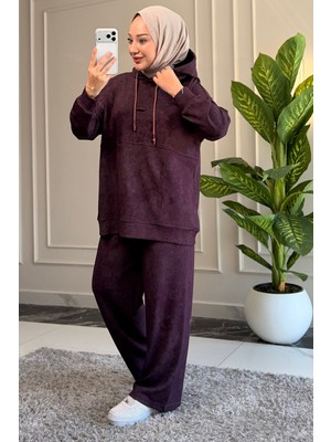 Suede Style 6701 - Şık Rahat Salaş Dora Luca Kumaş Kapüşonlu Kadın Takım