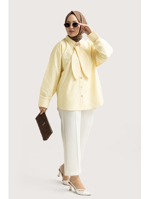 Suede Style 6408- Şık Rahat Kravat Detaylı Dokuma Poplin Kumaş Kadın Gömlek