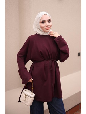 İmaj Butik Mürdüm Bel Bağlamalı Taşlı Modal Tunik