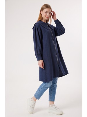 Suede Style 6437 - Şık Rahat Fermuarlı Bebe Yaka Kemer Bağlama Detaylı Uzun Tunik Kap